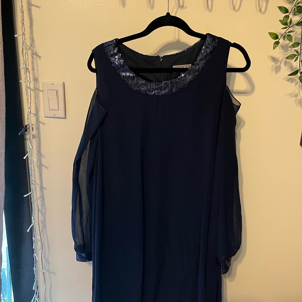 Aura Navy Cold Shoulder Cocktail Dress